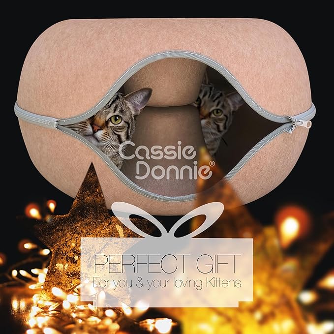 Cat Tunnel Bed for Indoor Cats, Medium Large, Donut Cave House up to 22 Lbs, Spacious for 2 Kittens (Brown)-Mewly Pet