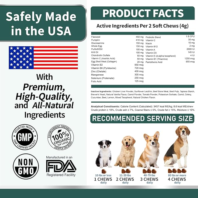 Dog Multivitamin, Glucosamine Chondroitin for Dogs, Dog Vitamins and Supplements, Probiotics, Krill Oil for Hip & Joints, Skin, Coat, Immune Health, Heart, Digestion (120 Chews, Chicken)-Mewly Pet