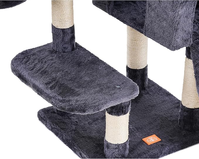 Heybly Cat Tree, Cat Tower for Indoor Cats with Scratching Board, Multi-Level Cat Furniture Condo with Feeding Bowl, Smoky Gray HCT010G-Mewly Pet