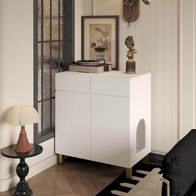 Large/Tall Litter Box Enclosure, Modern Wooden Litter Box Furniture for XL Litterbox with Drawer as Sideboard Cabinet (White)-Mewly Pet