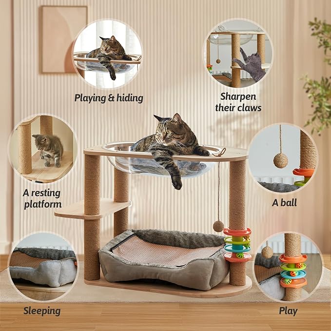 2 Tier Cat Tower,21.85 in cat Perch Wood cat condo with Hammock and Sisal Rope Scratcher Post Hanging Toy Balls for Indoor Large Cats Kittens (Grey)-Mewly Pet