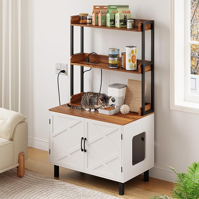 55 Inches Cat Litter Box Enclosure, Hidden Litter Box Furniture with 2 Storage Shelves and Charging Sockets, Wooden Cat House, Large Indoor Cabinet for Living Room & Entryway, White-Mewly Pet