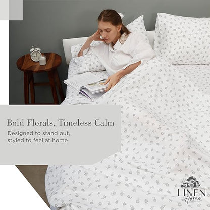 Linen Home 100% Cotton Printed Percale Sheets King Size, Deep Pocket, 4 Pieces Set - 1 Flat, 1 Deep Pocket Fitted Sheet and 2 Pillowcases, Crisp Cool and Strong Bed Linen, Grey Silhouette Floral
