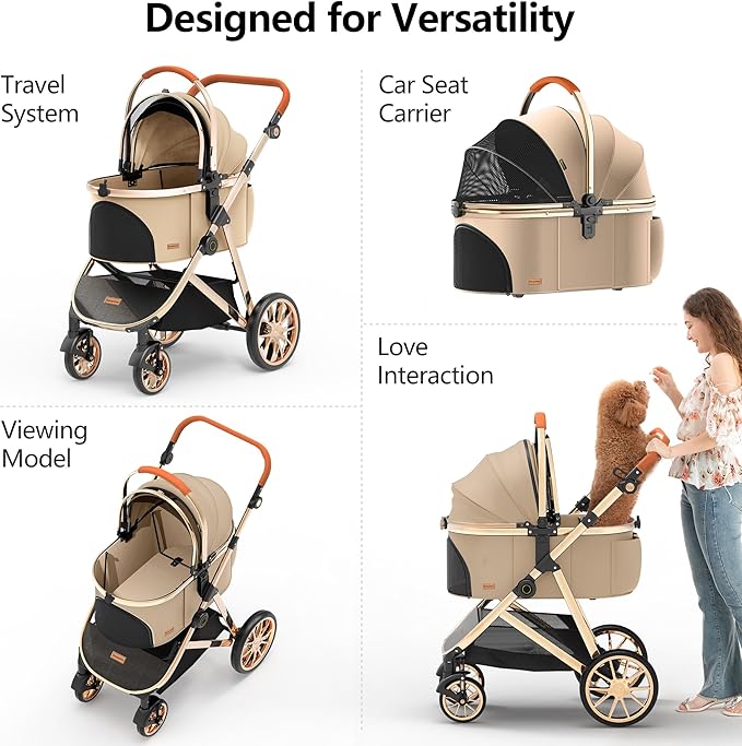Kenyone Luxury Pet Stroller 3 in 1 with Electroplated Gold Mirror Finish for Medium Small Size Dogs and Cats, High-End Detachable Carrier for Puppy, Kitty, Doggie(C910L Khaki)-Mewly Pet