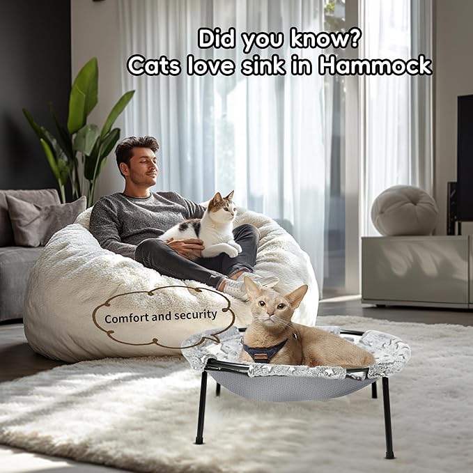 Elevated Cat Bed, Glow-in-The-Dark Fabric Cat Hammock Bed for Large Indoor Cats, Machine Washable & Breathable Cover, Tool Free Easy Assembly, up to 66Lbs (Gray, L)-Mewly Pet