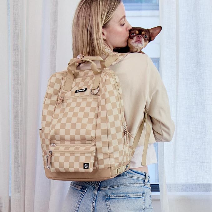 Porter 2-in-1 Dog Gear Backpack – Premium Dog Travel Bag with 10 Pockets, Zip-Off Treat Pouch, Leash Clip, Waterproof Pockets & Water Bottle Holder – Weekend, Hiking, Camping, Checkerboard-Mewly Pet