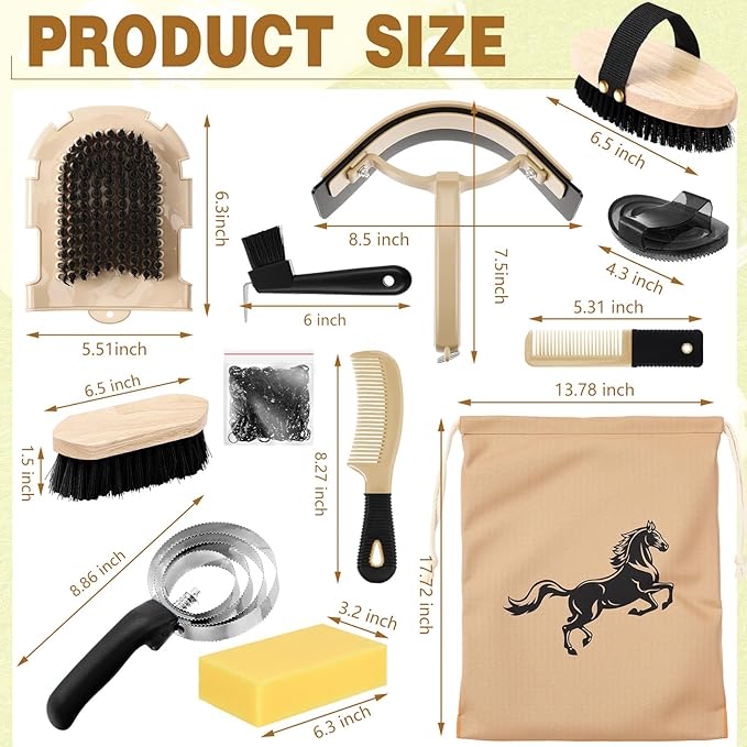 Abbylike 12 Pieces Horse Grooming Kit Racing Festival Tack Room Supplies Horse Brush Sets Equine Care Cleaning Kit Shedding Grooming Massaging Tools(Black)-Mewly Pet