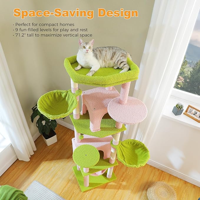 71.2" Large Cat Tree for Multi-Cat Households - Heavy-Duty 9-Level Cat Tower w/5 Sisal Scratching Posts, 2 Condos, 3 Hammocks, Extra-Large Perch & Pompoms - Space-Saving, Pink-Mewly Pet
