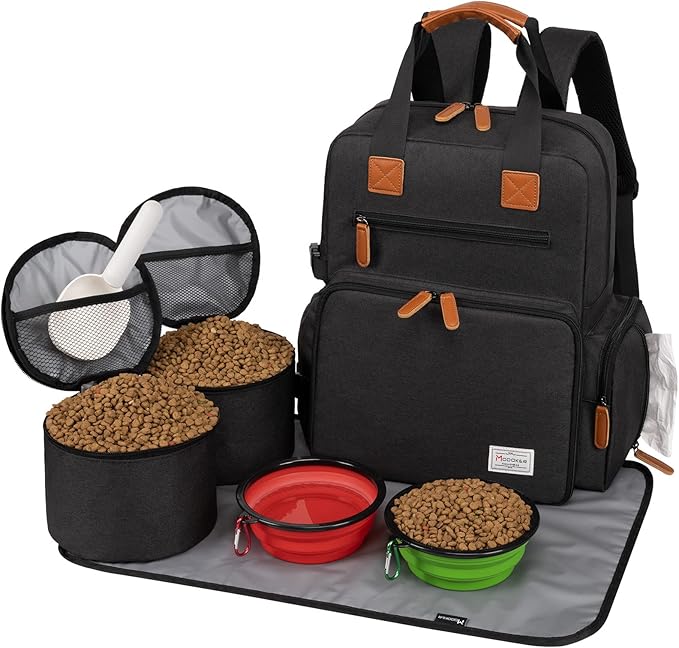 Modoker Dog Travel Bag, Airline Approved Backpack for Pet Accessories Organizer, Tote Weekend Bag with 2 Dog Food Storage Containers, 2 Collapsible Bowls, 1 Pet Mat, Black-Mewly Pet