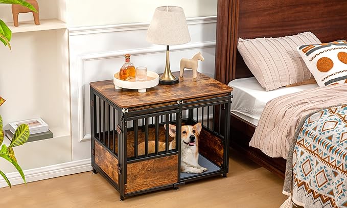 KOOPRO 32 Inch Dog Crate Furniture with Cushion for Large Medium Dogs, Wooden Heavy Duty Dog Kennel with Double Doors, Decorative Pet House Dog Cage Side End Table Indoor, Sliding Door Chew-Resistant-Mewly Pet