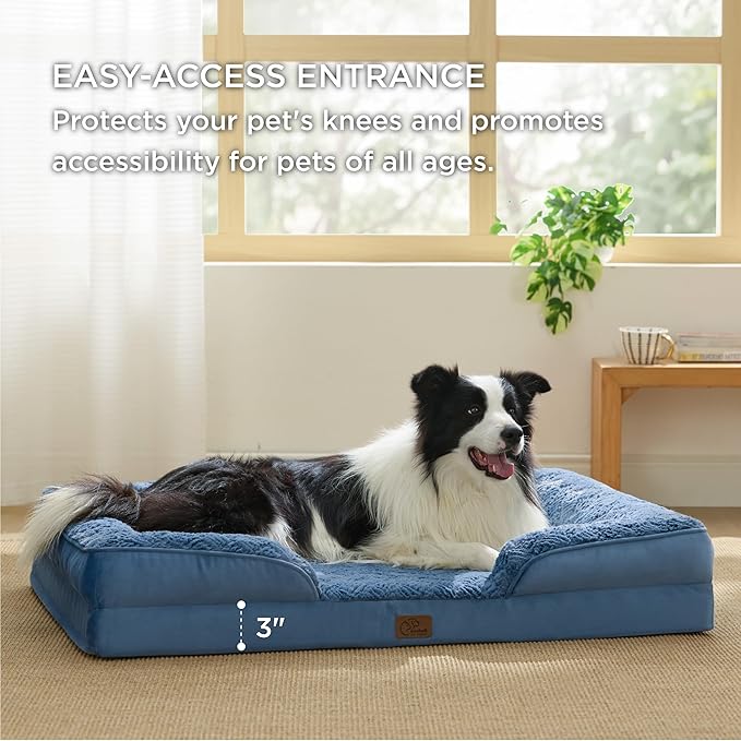 Bedsure Orthopedic Dog Beds Large Sized Dog - Washable Large Dog Cat Bed Waterproof, Comfort Dogs Couch Sofa with Washable Removable Cover, Pet Bed with Nonskid Bottom, Plush-Blue, 35"-Mewly Pet