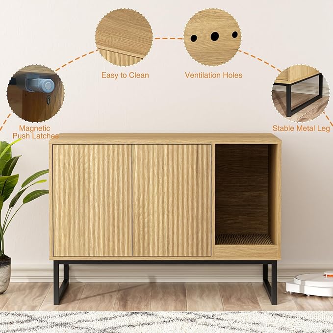 Cat Litter Box Enclosure, Fluted Hidden Litter Box Furniture with Scratch Pad and Metal Legs, Modern Enclosed Cat Cabinet, 31.5 x 17.7 x 21.7 Inches Indoor Pet House for Living Room, Washroom, Natural-Mewly Pet