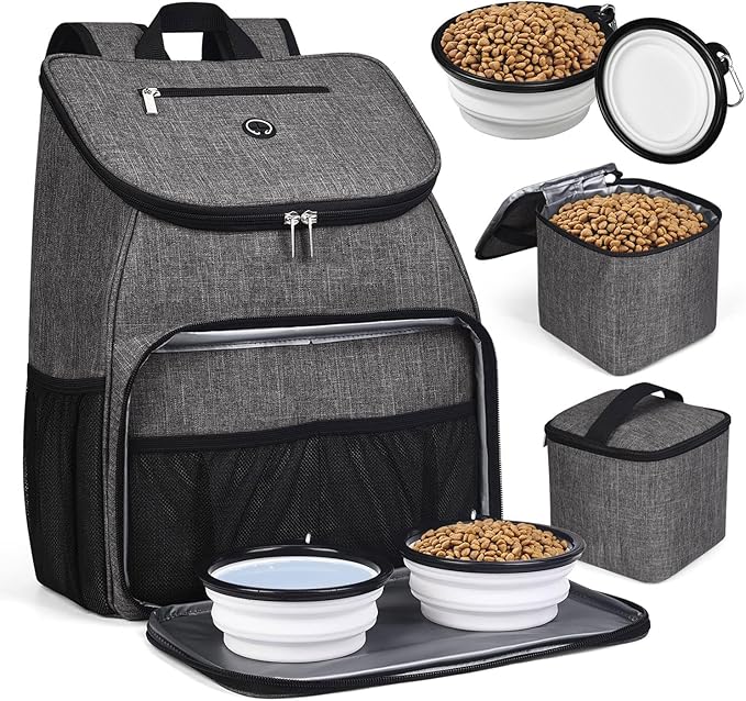 BAGLHER丨Dog Travel Bag, Airline Approved Pet Supplies Backpack, Dog Travel Backpack Accessories Set with 2 Silicone Collapsible Bowls and 2 Food Baskets, Gray-Mewly Pet