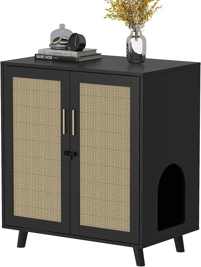 Lovinouse Large Cat Litter Box Enclosure,Hidden Kitty Litter Furniture with Sisal Covered Doors,2-Layer Wooden Cat Washroom Cabinet w/Adjustable Shelf, Side Table for Living Room,Black-Mewly Pet