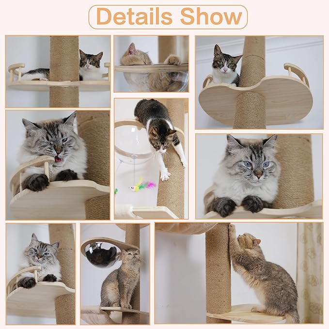 Floor to Ceiling Cat Tree Height (50-120 in) Adjustable Cat Tower 5 Tier Hemp Scratching Post High Cat Tree Sturdy Activity Tree Indoor Outdoor Cat Scratching Post Activity Center-Mewly Pet