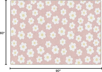 Flagship Carpets Schoolgirl Style Retro Daisies on Pink Educational Area Rug for Kids Room Seating Décor, Children's Classroom, Play Carpet for Teaching and Playroom, 5' x 7'6"