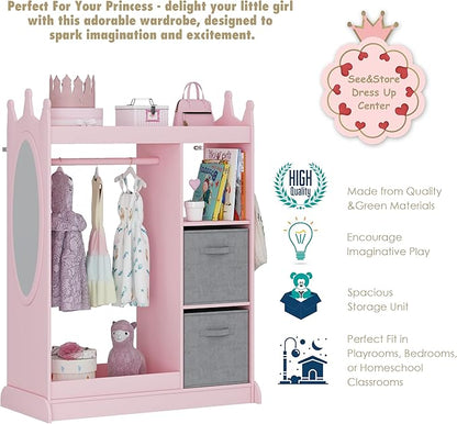 UTEX Kids Armoire Wardrobe Closet with Mirror and Storage Bin, Pink, 33.4 in W x 15.75 in D x 44.5 in H