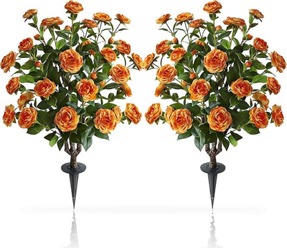 36" Artificial Camellia Tree, 2 Pack Soil Insertion w/Spike,30 Blooming Flowers Plants,Faux Floral Plant Blooming Tree in Cement Pot, Greenery Potted Plant for Indoor Outdoor Office Home Porch Decor