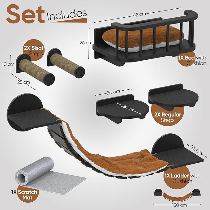 FURRY VIBES Cat Wall Shelves & Perches – 7-in-1 Cat Wall Furniture Set with Bed, Climbing Steps, Scratcher & Bridge Ladder – Black Bamboo Wall Cat Shelf for Indoor Cats-Mewly Pet