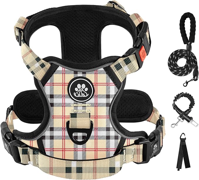 IVY&LANE No Pull Dog Harness with Leash Set, Reflective No Choke Pet Vest,Adjustable Oxford Dog Vest Harness with Easy Control Handle for Medium Lagre Dogs (Checkered Beige,M)-Mewly Pet