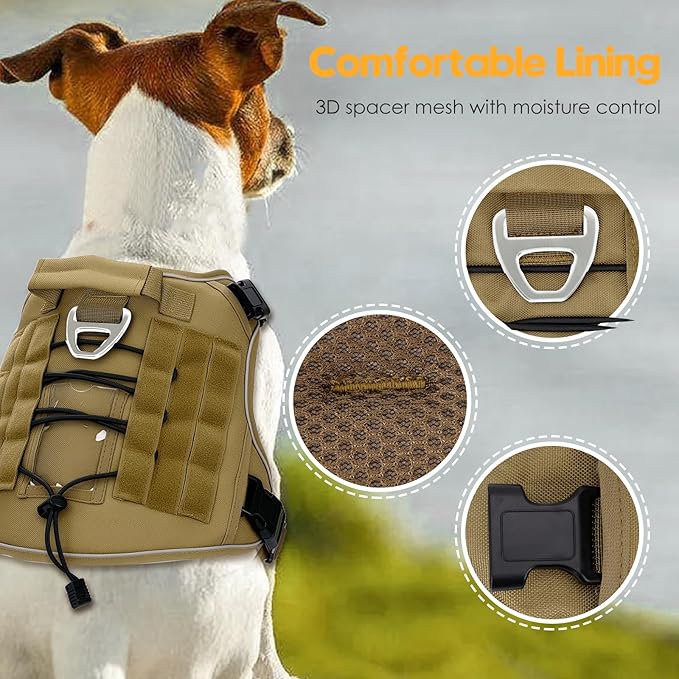 Heavy-Duty Tactical Dog Harness for Large Dogs, No Pull Adjustable Reflective Pet Vest with Molle System, K9 Military-Grade Control for Service Training, Outdoor & 10+ Breeds, Khaki, X-Large-Mewly Pet