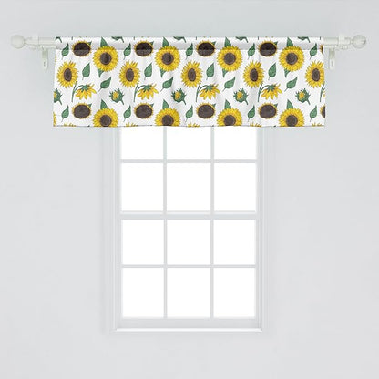 Ambesonne Sunflower Window Valance Pack of 2, Agricultural Pattern Botanical Inspiration Hand-Drawn Flowers, Rod Pocket Curtain Valances for Kitchen Bedroom, 54" X 18", Reseda Green Dark Brown