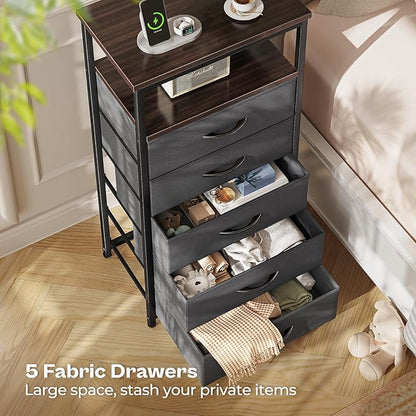 Huuger 5 Drawers Dresser with Charging Station, Dresser for Bedroom, Tall Night Stand, Chest of Drawers with Open Shelf, Bedside Table Nightstand, Fabric, for Entryway, Adult Only, Walnut