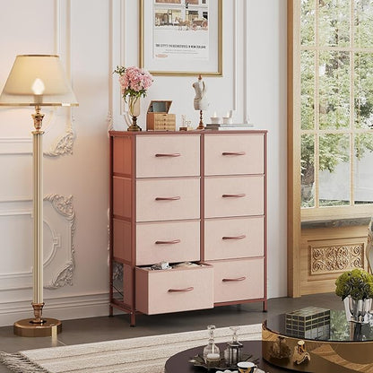 WLIVE Fabric Dresser for Bedroom, Tall Dresser with 8 Drawers, Storage Tower with Fabric Bins, Double Dresser, Chest of Drawers for Closet, Playroom, Dormitory, Pink and Rose Gold