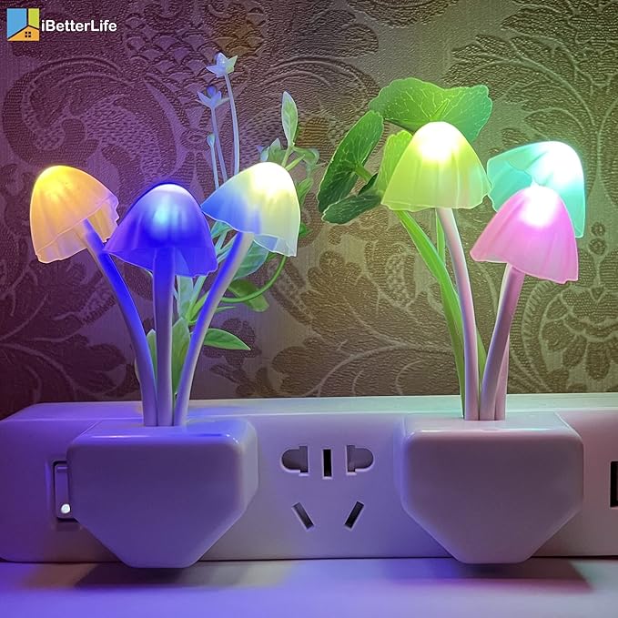 iBetterLife Sensor Mushroom Night Light - 2 Pack Color Changing Plug in Wall LED Mushroom Nightlight with Dusk to Dawn Sensor Auto On/Off Cottage Core Decor Lamp, Super Power Saving