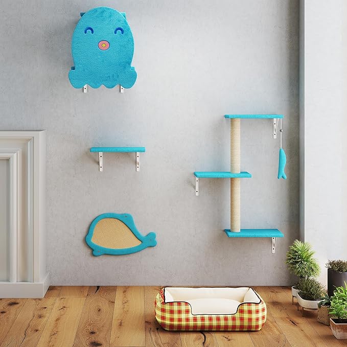 COZIWOW 4-Piece Wall-Mounted Cat Tree Set – Sturdy Wood Pet House, Scratching Board, Platforms, Sisal Posts & Blue Fish Charm – Ocean Blue-Mewly Pet