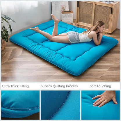 Japanese Floor Mattress Futon Mattress, Thicken Tatami Mat Sleeping Pad Foldable Roll Up Mattress Boys Girls Dormitory Mattress Pad Kids Floor Lounger Bed Couches and Sofas, Turquoise, Twin Size