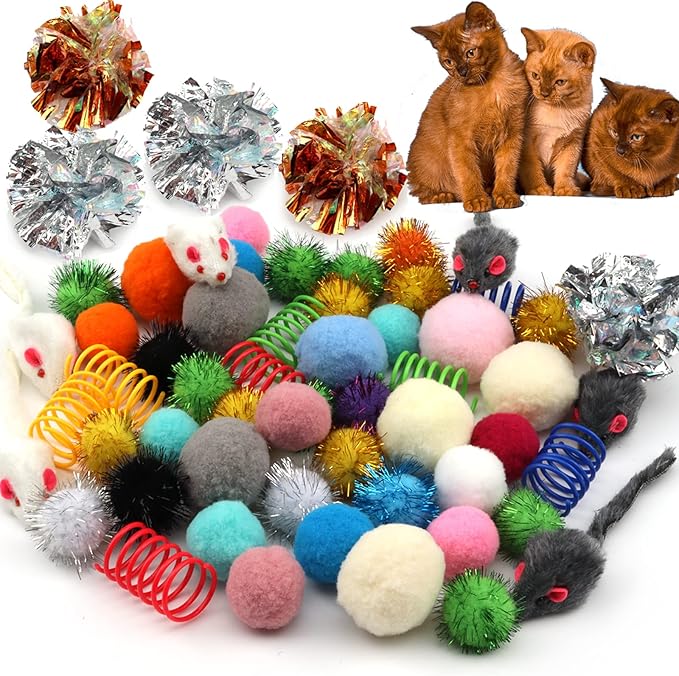 60 Pack Cat Toys - Assorted Kitten, Mouse, Crinkle & Pom Pom Balls-Mewly Pet