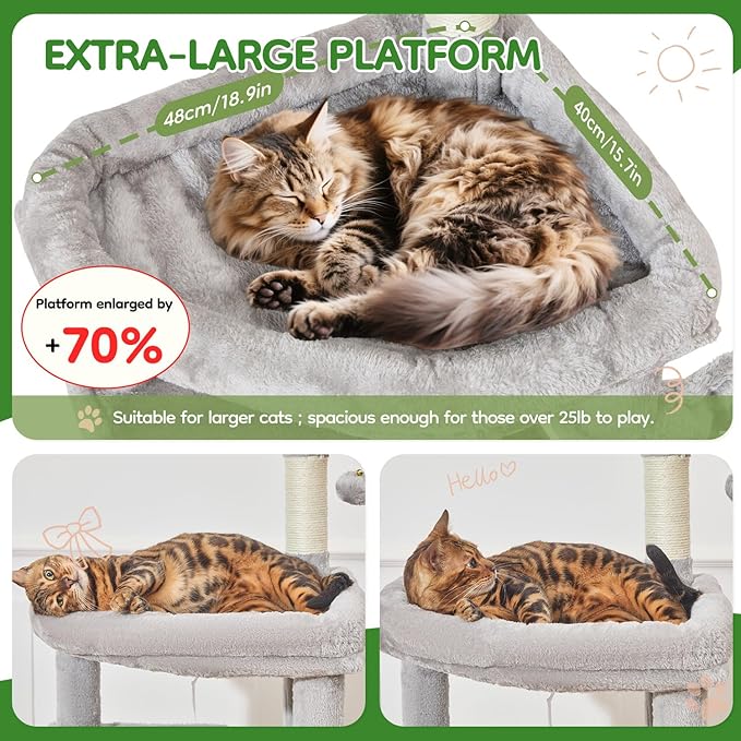 Taoqimiao MS042W Cat Tree,66-inch Large Cat Tower with Scratching Posts, Luxurious Large Platform for Big Cats with Soft Hammock, Adjustable Basket, Deluxe Cat Cando, Top Perch Light Gray-Mewly Pet