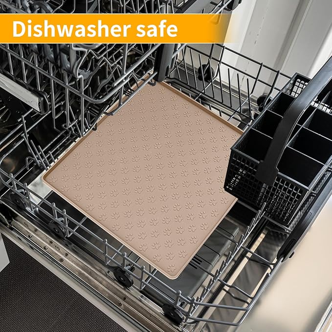 Ptlom Dog Food Mat Anti-Slip Bowl Mats for Food and Water, Waterproof Silicone Pet Placemat with High Raised Edges, Non-Slip Puppy Feeding Tray for Small, Medium Large Cats Dogs, Taupe, 11.8"x11.8"-Mewly Pet