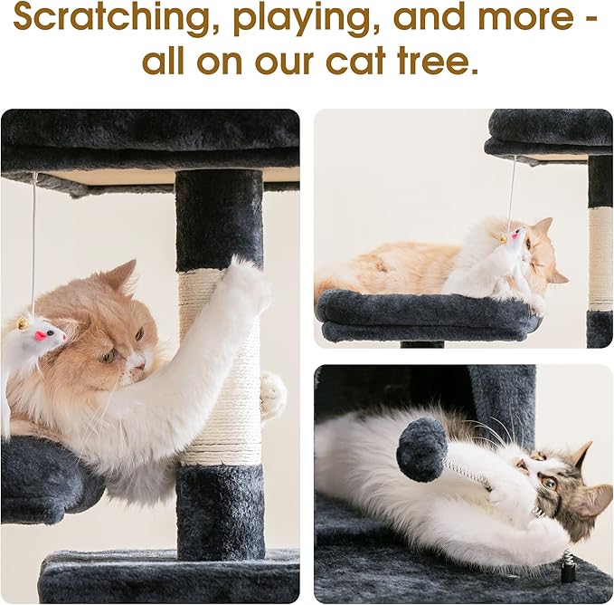 MWPO 70.1-Inch Large Cat Tree, Multi-Level Tall Cat Tower for Indoor Cats, Plush Cat Condo with Big Padded Perches, Sisal-Covered Scratching Posts, Hammock, Toys for Kittens & Cats - Smoky Grey-Mewly Pet