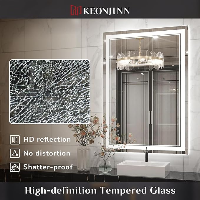 Keonjinn Large Bathroom Mirror with Light, 48 x 36 Inch LED Mirror for Bathoom, Frontlit Only, HD Tempered Glass, UL-Listed LED Driver, Anti-Fog, Dimmale 6000K, Easy Installation(Horizontal/Vertical)