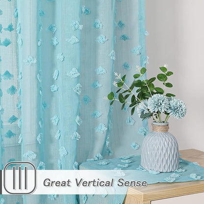 MYSKY HOME Pom Pom Teal Sheer Curtains for Bedroom Girls Room Curtains 84 Inches Long for Nursery Kids Light Filtering Boho Window Drapes, Rod Pocket, 52" Wide, 2 Panels