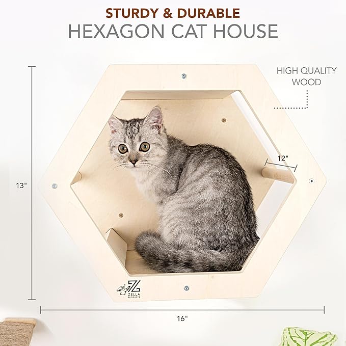 3-Piece Cat Wall Furniture Set - Hammock, Hexagon House, Climbing Steps - Wall Mounted Shelves, Perches, and Beds - Modern Design for Large Cats and Kittens & Spare Hammock Fabric Included-Mewly Pet