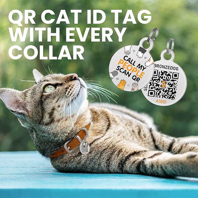 BRONZEDOG Leather Cat Collar with Removable Bells Non Breakaway Kitten QR Tag for Girl Boy (7" - 9" for Cats, Light Brown & Silver)-Mewly Pet