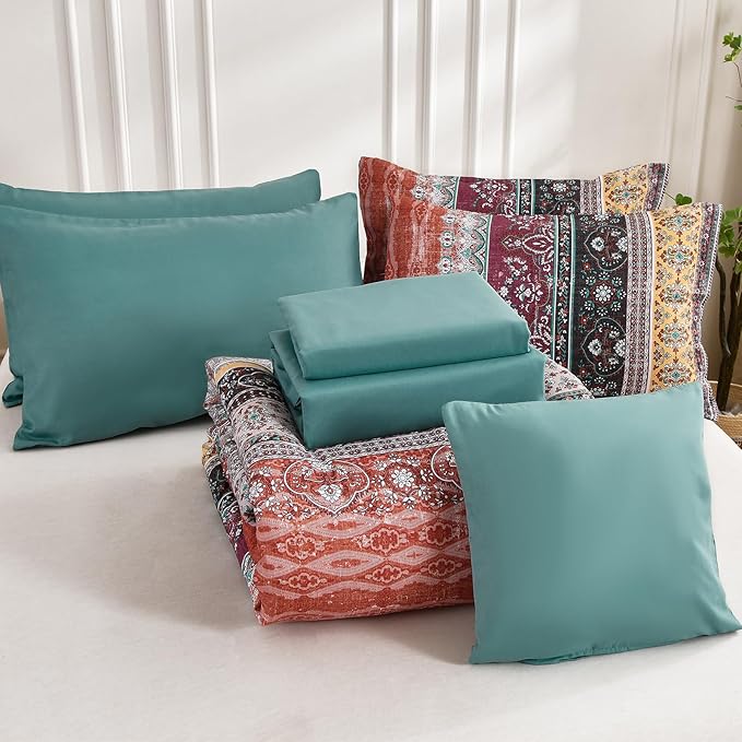 Boho King Size Comforter Set 8 Pieces, Orange and Green Bohemian Striped Bed in a Bag, Paisley Soft Microfiber Bedding Comforter Set