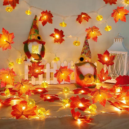 2 Pack & Timer - Thanksgiving Decorations Fall Garland with Pumpkin Lights Fall Decorations for Home, Total 60LED 20Ft Maples Leaves Thanksgiving Lights Battery Operated Indoor Outdoor Christmas Decor