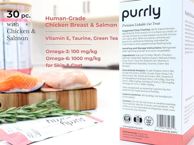 Purrly Hydrating Wet Cat Treat Snack Topper Creamy Purée Human-Grade Chicken Breast & Salmon with Omega-3 & 6 for Skin & Coat (30 Count) Healthy Lickable Squeeze Soft Snack-Mewly Pet