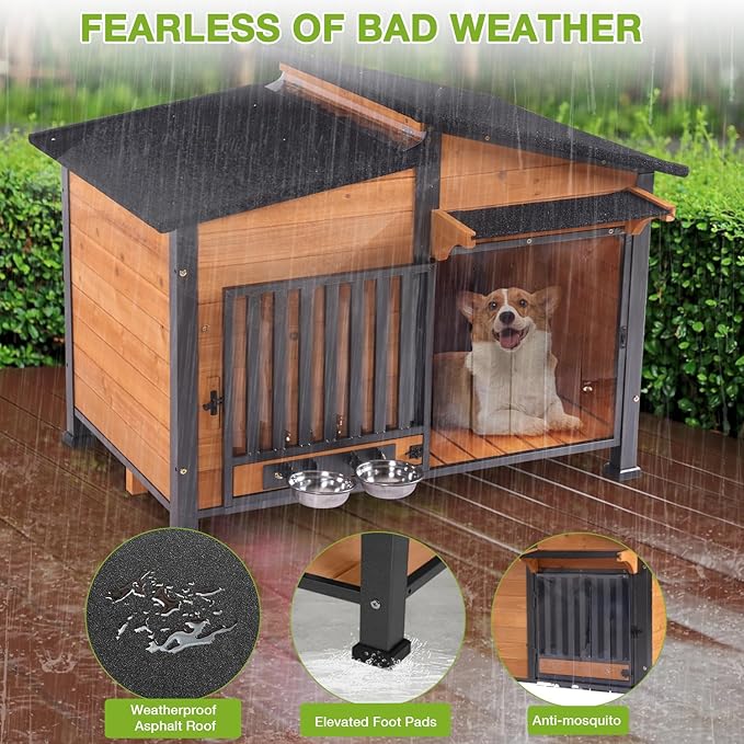 Heated Dog House Outdoor with Bowls Weatherproof Dog Kennel with Heating Pad Anti-Chewing Iron Frame Dog Shelter for Small Medium Dogs(Wooden Brown)-Mewly Pet
