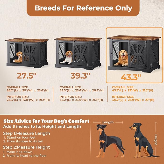 VOPEAK 43.3" XL Dog Crate Furniture, Chew Resistant Dog Crate for Medium Large Dogs, Heavy Duty Extra Large Dog Crate Dog Kennel Indoor with Double Doors, Wooden End Table for Living Room, Black-Mewly Pet
