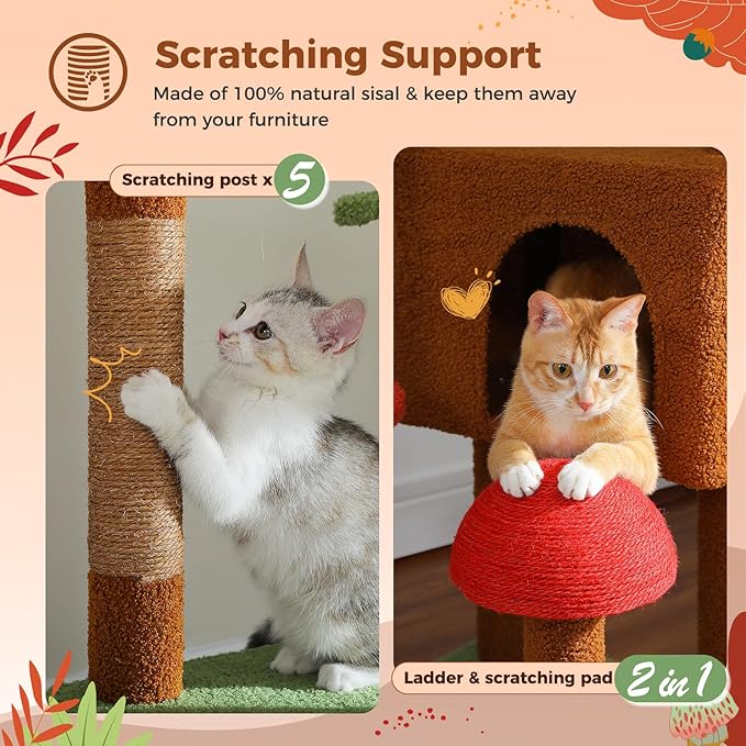 PEQULTI Mushroom Cat Tree Floor to Ceiling Cat Tower Adjustable Height (90.5''-100.4'' = 230cm-252cm) with Cat Condo, Cozy Hammock and Scratching Post, Tall Activity Tree for Indoor Cats, Brown-Mewly Pet