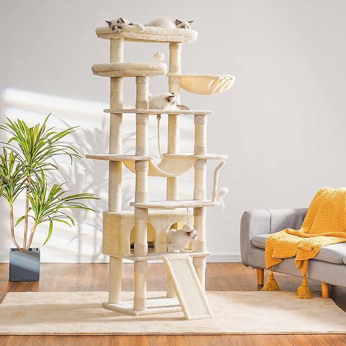 Heybly Tall Cat Tree, 78-inch Multi-Level Cat Tower for Indoor Cats, 2 Widened Plush Perches Cat Condo with Scratching Board and Big Caves, Beige HCT033M-Mewly Pet