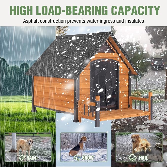 Large Dog House Outdoor Insulated Weatherproof Dog Kennel with Insulated Liner, Dog Shelter for Large Breed with Anti-Chewing Iron Fram and Porch (Brown, 50.9" D x 37.4" W x 37.2" H)-Mewly Pet