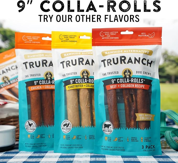 Collagen Rolls - 9" Collagen Rolls for Dogs - Long Lasting Healthy Joint Support Dog Treat - Rawhide Alternative - Skin & Coat Health - Made with Real Peanut Butter, 1 Bag, 3 Count-Mewly Pet