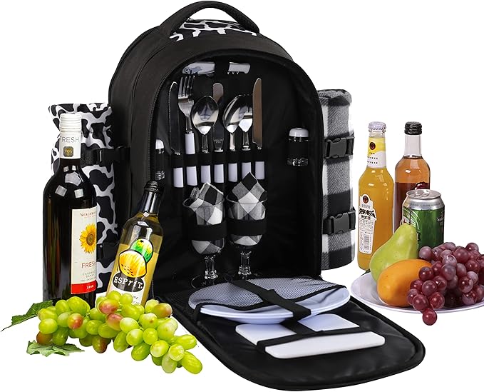 apollo walker Picnic Backpack Bag for 2 Person with Cooler Compartment, Detachable Bottle/Wine Holder, Fleece Blanket, Plates and Cutlery Set (2 Person, Black)-Mewly Pet