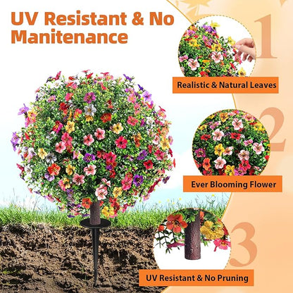 27.5" Artificial Boxwood Topiary Ball Trees with Colorful Flowers, Set of 2 Fake Shrubs Bushes with Ground Spike, UV Resistant Faux Evergreen Plants for Outdoor Planters Front Porch Garden Decor